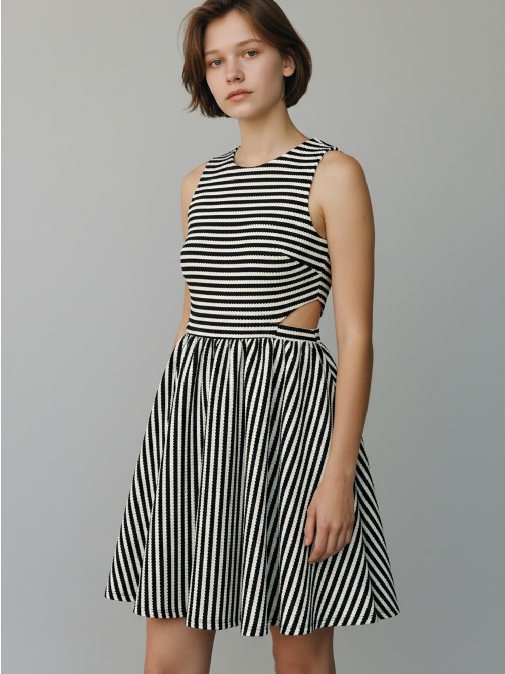Emerald Sundae Black and White Striped Cutout Mini Dress